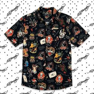 MEN'S - ​Ed Hardy Y2K Tattoo Collage Print Short Sleeve Button Down Shirt